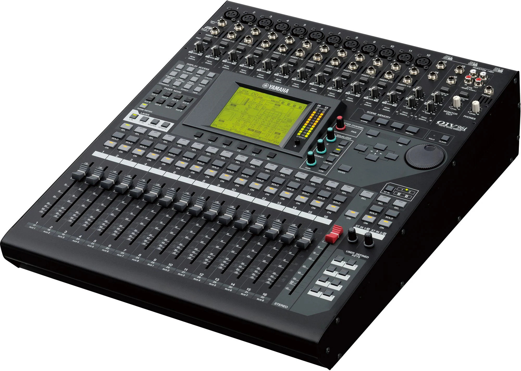 A 16-channel Yamaha O1V96i digital mixing console.
